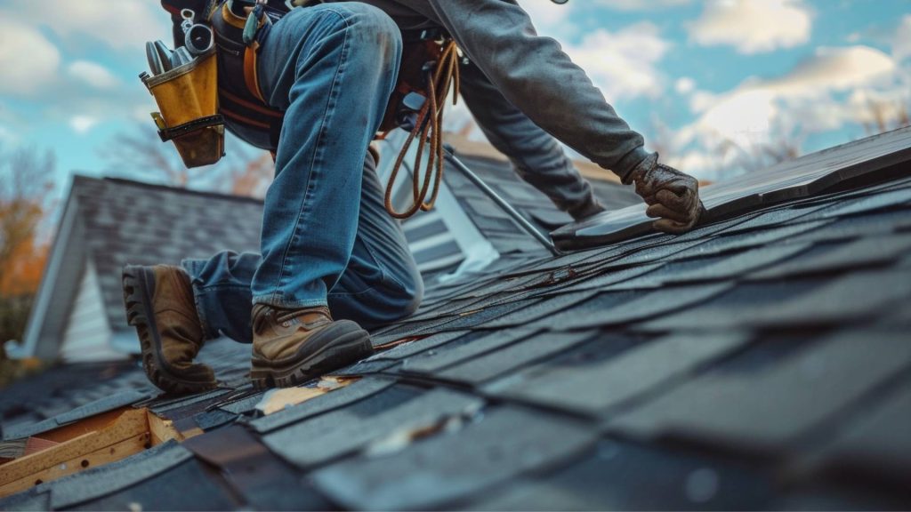 Roofing contractor working on a roof.