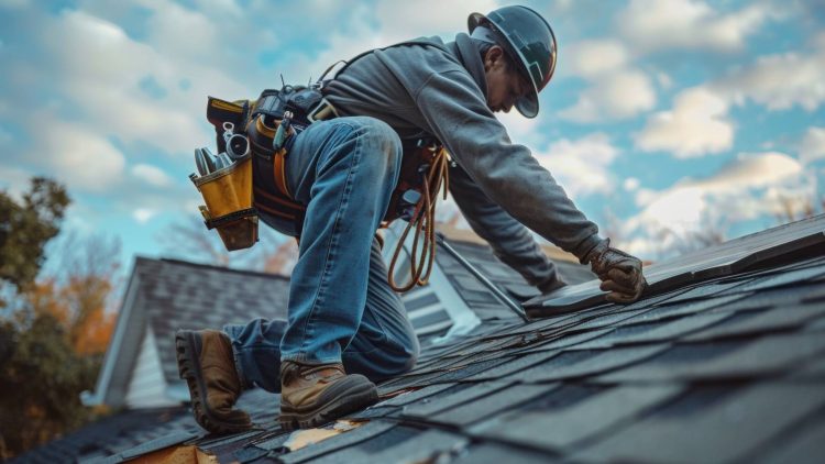 Roofing contractor working on a roof.